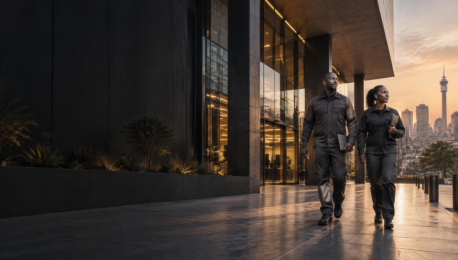 Facilities professionals outside a modern Johannesburg commercial building