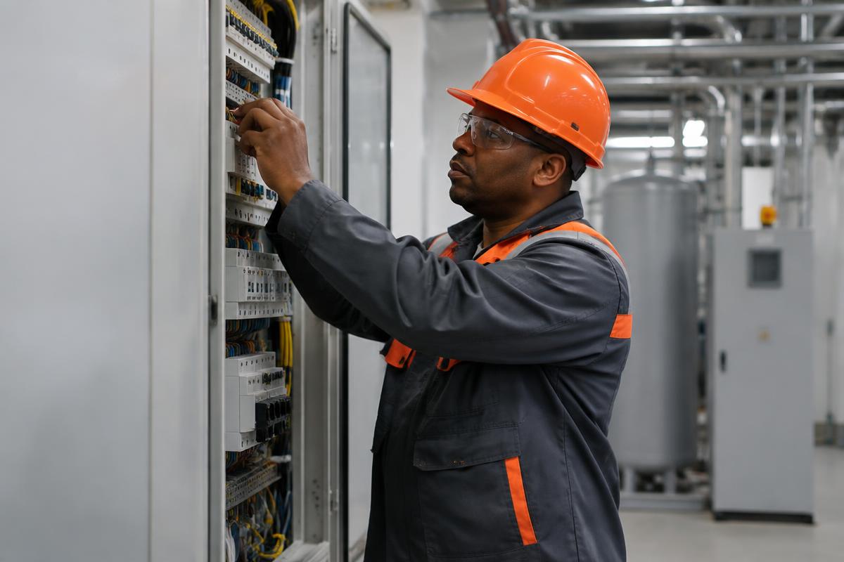 Technical specialist inspecting a commercial electrical system